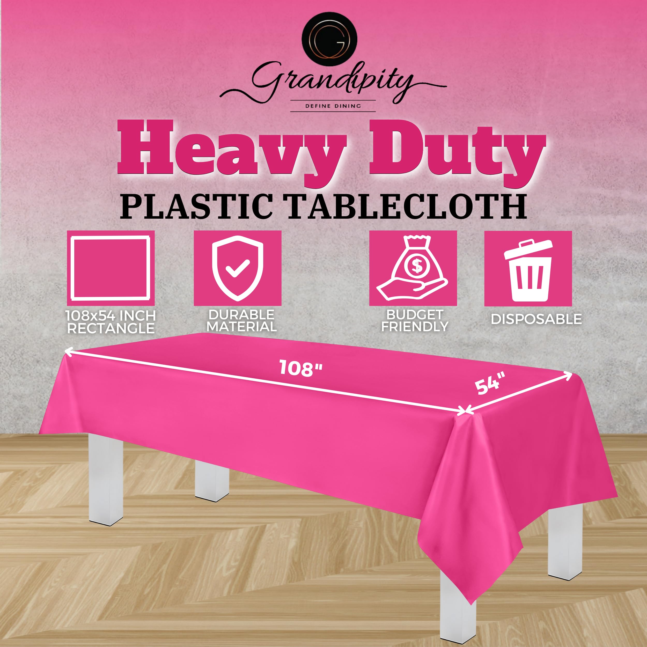 Grandipity Hot Pink Plastic Table Cloth Disposable (6 Pk) 54In X 108In Plastic Tablecloths For Rectangle Tables - Premium Party